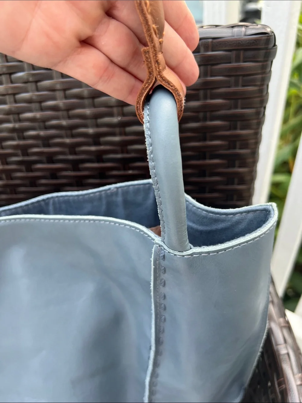 The Sak Two-Tone Blue Leather Tote with Tan Strap
